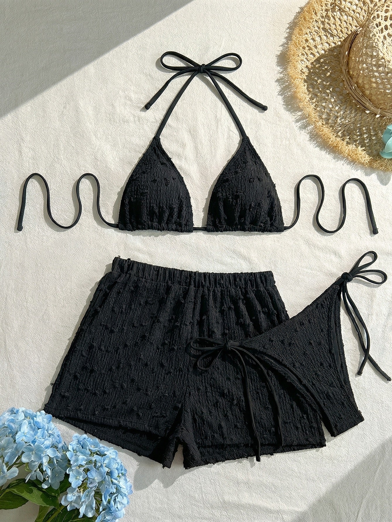 Halter String Solid Color Three-Piece Bikini Set with Coverage Shorts Bottom Sexy Swimsuit Women Bathing Suit Beach Wear Bikini