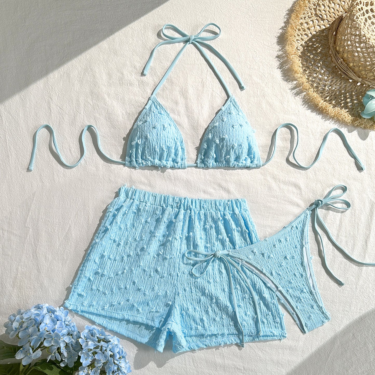 Halter String Solid Color Three-Piece Bikini Set with Coverage Shorts Bottom Sexy Swimsuit Women Bathing Suit Beach Wear Bikini