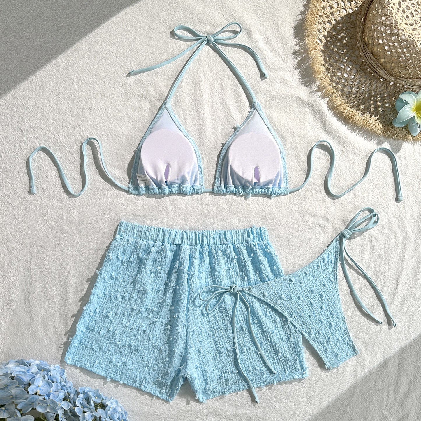 Halter String Solid Color Three-Piece Bikini Set with Coverage Shorts Bottom Sexy Swimsuit Women Bathing Suit Beach Wear Bikini
