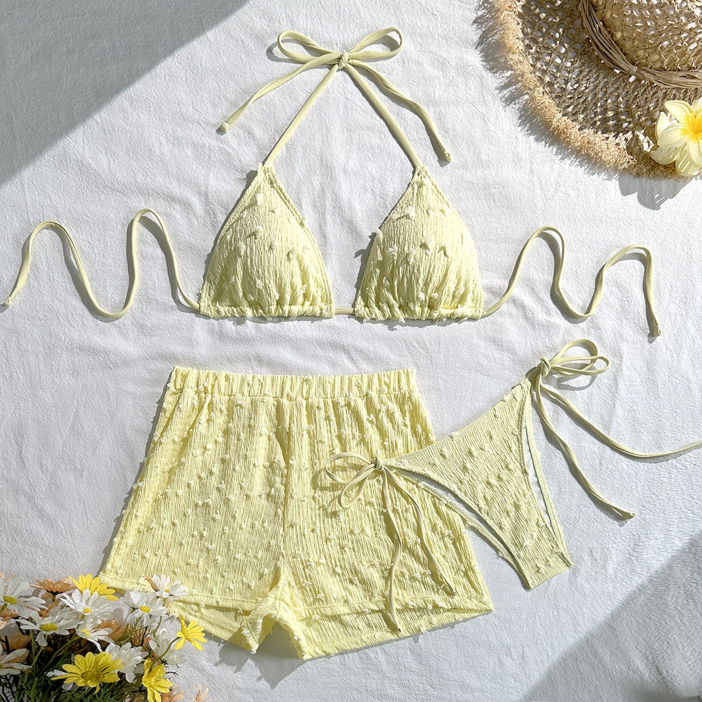 Halter String Solid Color Three-Piece Bikini Set with Coverage Shorts Bottom Sexy Swimsuit Women Bathing Suit Beach Wear Bikini