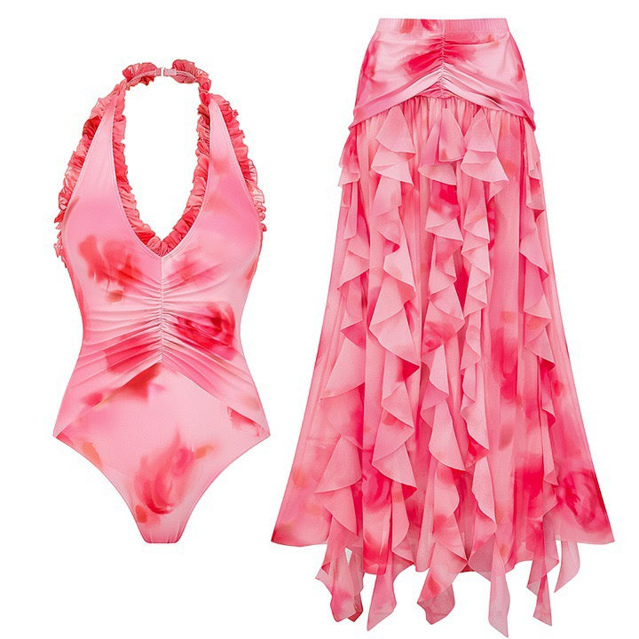 2 Pcs Printed Swimsuit Women Sexy Swimwear New Bikini With Long Skirt Female Biquini   Swim Suit Bodysuit Beachwear CoverUp