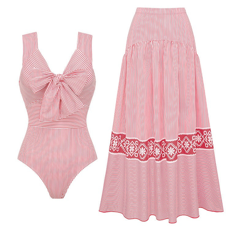 2Pc Striped One Piece Swimsuit Women Sexy Bikini Swimwear  Bikini Female Bow Tie Bathing Suit Cover Up Beachwear