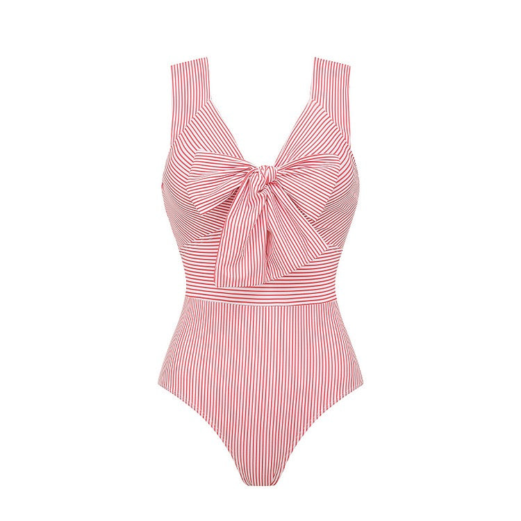 2Pc Striped One Piece Swimsuit Women Sexy Bikini Swimwear  Bikini Female Bow Tie Bathing Suit Cover Up Beachwear