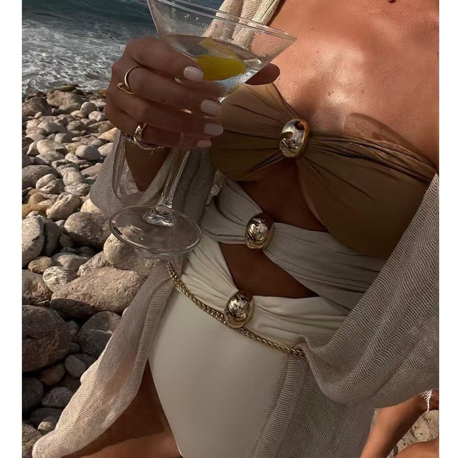 Women One Piece Swimsuit and Sarong Skirts Vacation Swimwear Summer New Buttons Beachwear Bathing Suit Bikini Set 2026