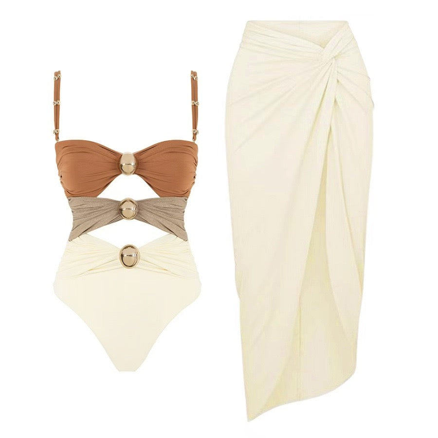 Women One Piece Swimsuit and Sarong Skirts Vacation Swimwear Summer New Buttons Beachwear Bathing Suit Bikini Set 2026