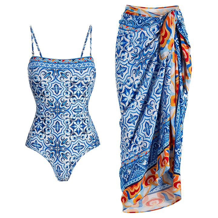 2Pcs Printed One Piece Swimsuit Women Sexy Swimwear With Long Skirt Strappy Bikini Bandeau Biquini Female Bathingsuit Beachwear
