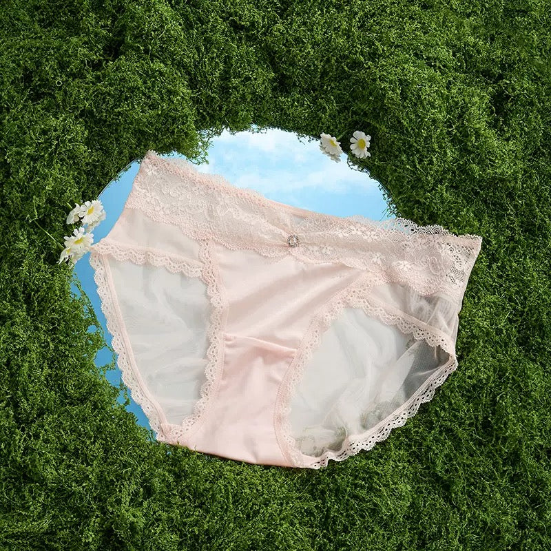 Women’s Satin and Sheer Floral Lace Panties with Scalloped Trim, Mesh Side Panels and Delicate Center Charm Detail