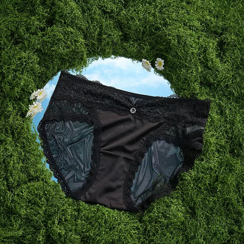 Women’s Satin and Sheer Floral Lace Panties with Scalloped Trim, Mesh Side Panels and Delicate Center Charm Detail