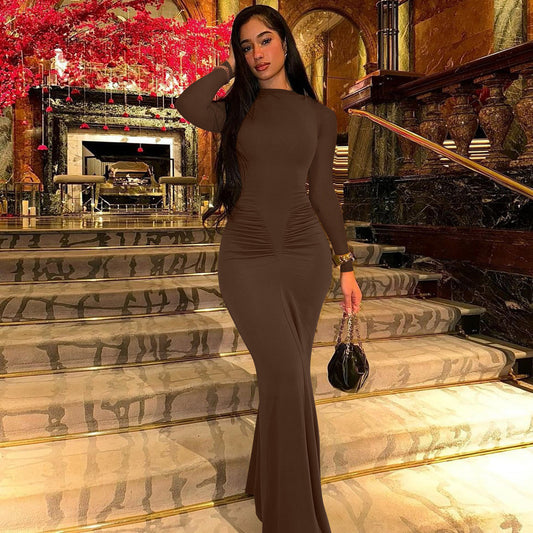 Sexy Wrap Buttocks brown Dresses Women O Neck Dress Long Sleeve Sheath Slim Fit Solid Spliced Pullover Folds Floor Length 2026