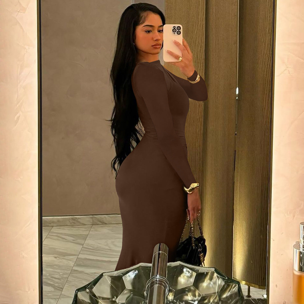 Sexy Wrap Buttocks brown Dresses Women O Neck Dress Long Sleeve Sheath Slim Fit Solid Spliced Pullover Folds Floor Length 2026
