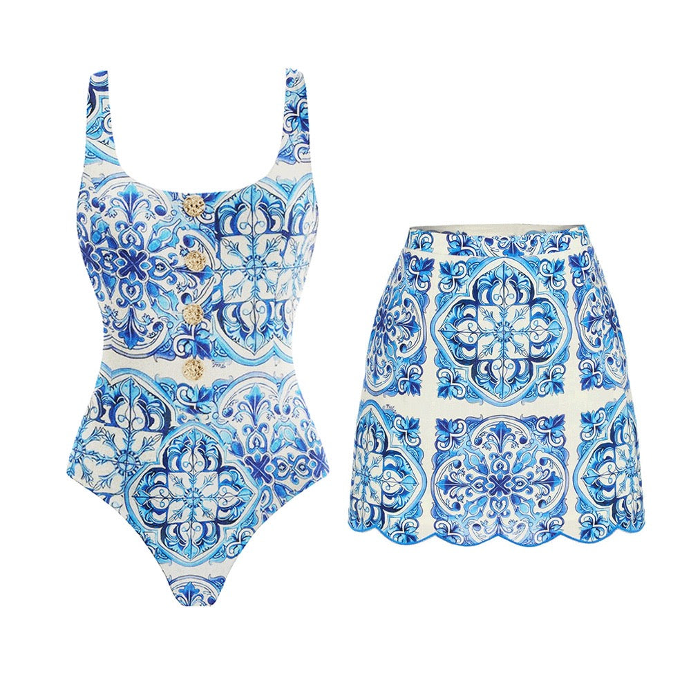 2Pcs Printed One Piece Swimsuit Women Sexy Swimwear With Long Skirt Strappy Bikini Bandeau Biquini Female Bathingsuit Beachwear