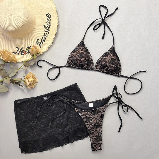 3PCS with Mesh Sheer Skirt Lace Thong Bikini Female Swimsuit Women Swimwear Three-pieces Bikini Set Bathing Suit Swim Beachwear