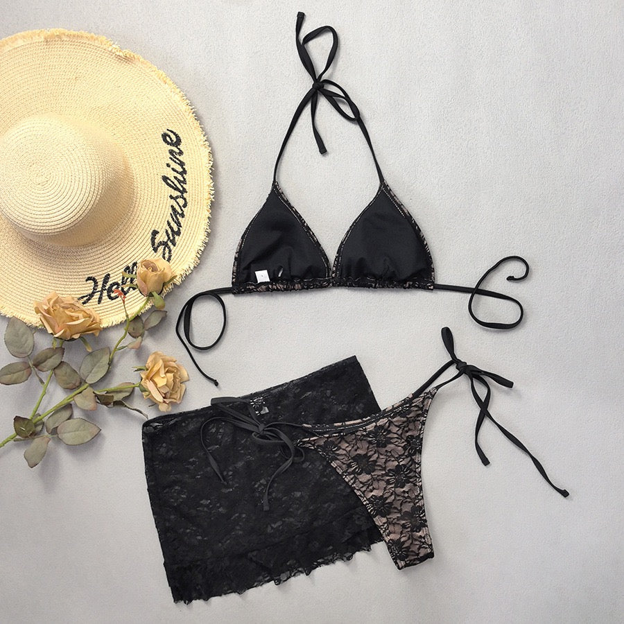 3PCS with Mesh Sheer Skirt Lace Thong Bikini Female Swimsuit Women Swimwear Three-pieces Bikini Set Bathing Suit Swim Beachwear