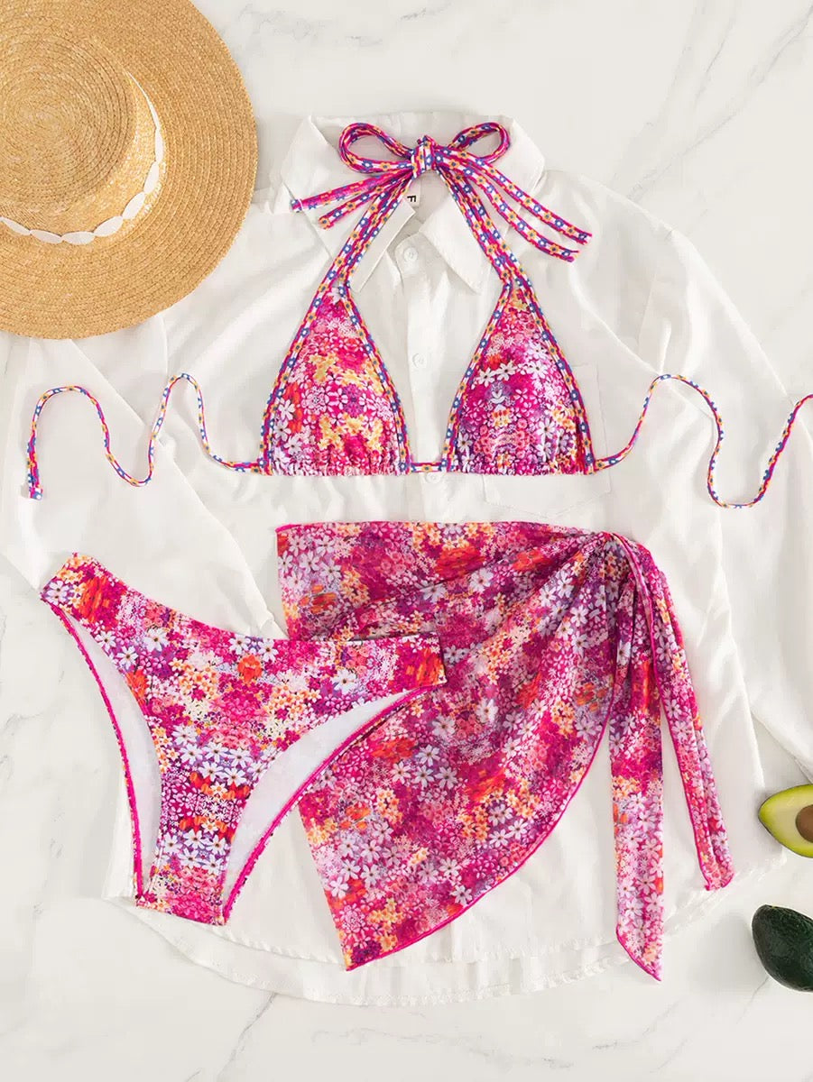 Sequin Bikini Set 3 Pieces Sparkly Halter Neck Swimsuit with Wrap Skirt High Cut Bathing Suit for Women Beach Vacation Swimwear