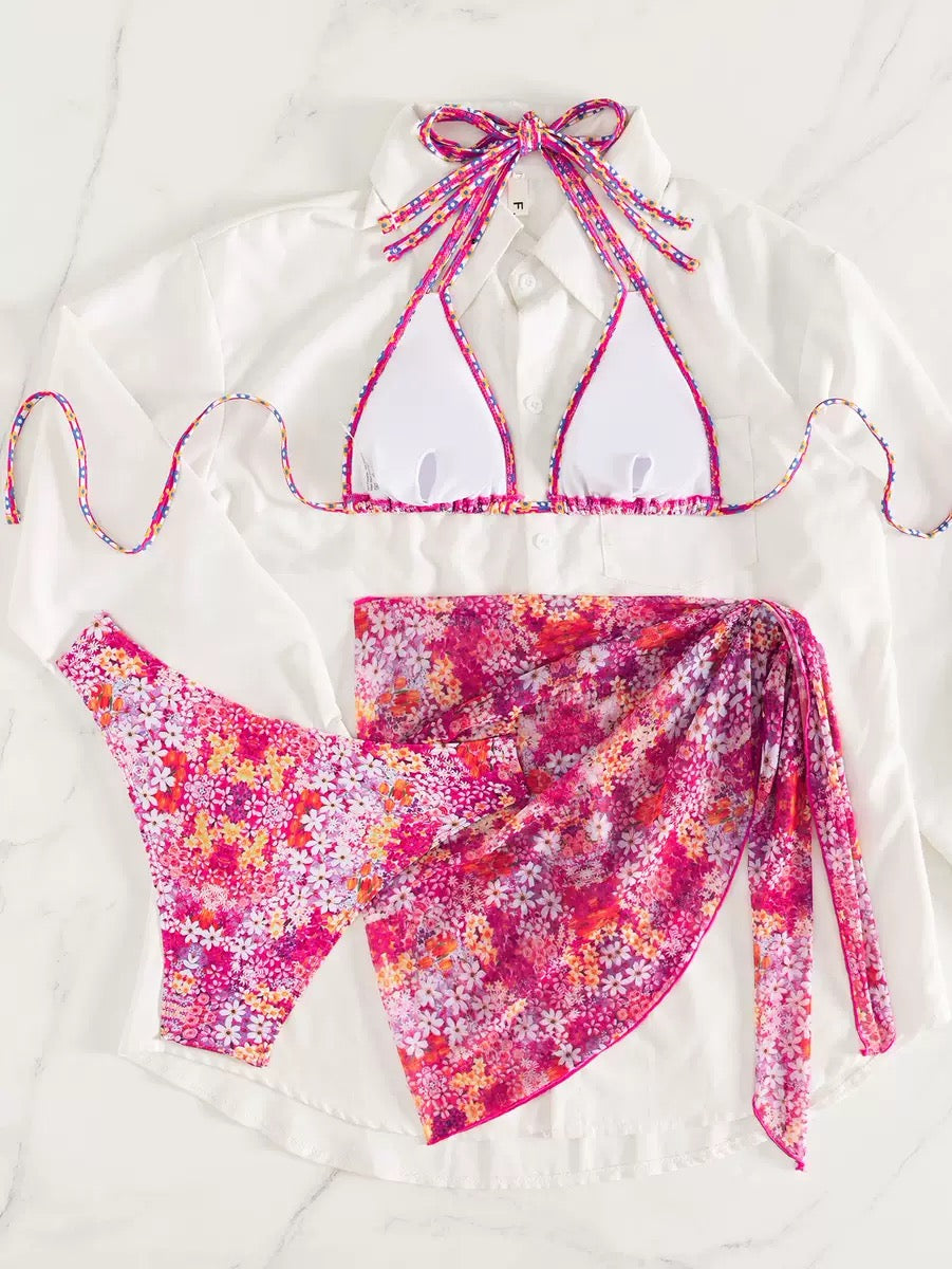 Sequin Bikini Set 3 Pieces Sparkly Halter Neck Swimsuit with Wrap Skirt High Cut Bathing Suit for Women Beach Vacation Swimwear
