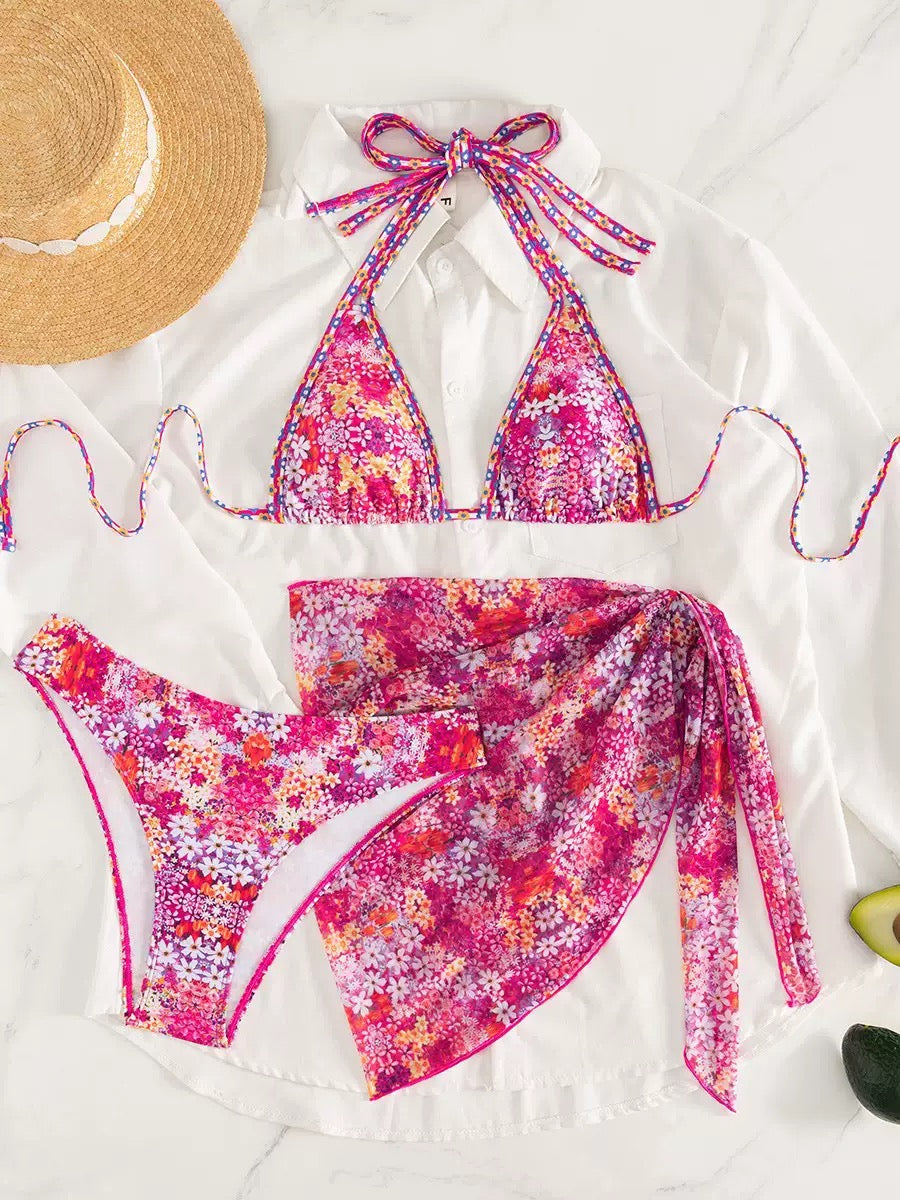 Sequin Bikini Set 3 Pieces Sparkly Halter Neck Swimsuit with Wrap Skirt High Cut Bathing Suit for Women Beach Vacation Swimwear