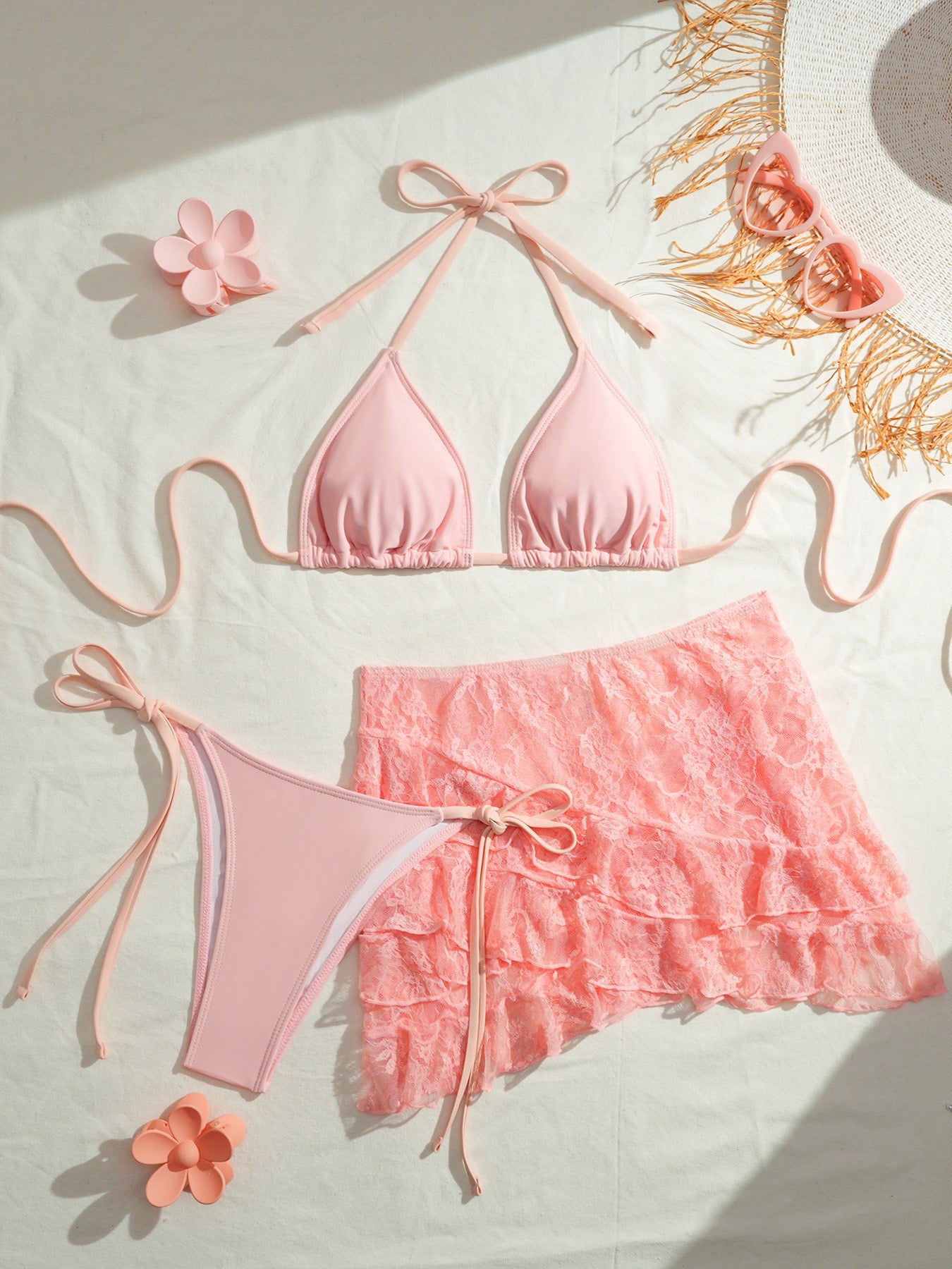 3PCS with Mesh Sheer Skirt Lace Thong Bikini Female Swimsuit Women Swimwear Three-pieces Bikini Set Bathing Suit Swim Beachwear
