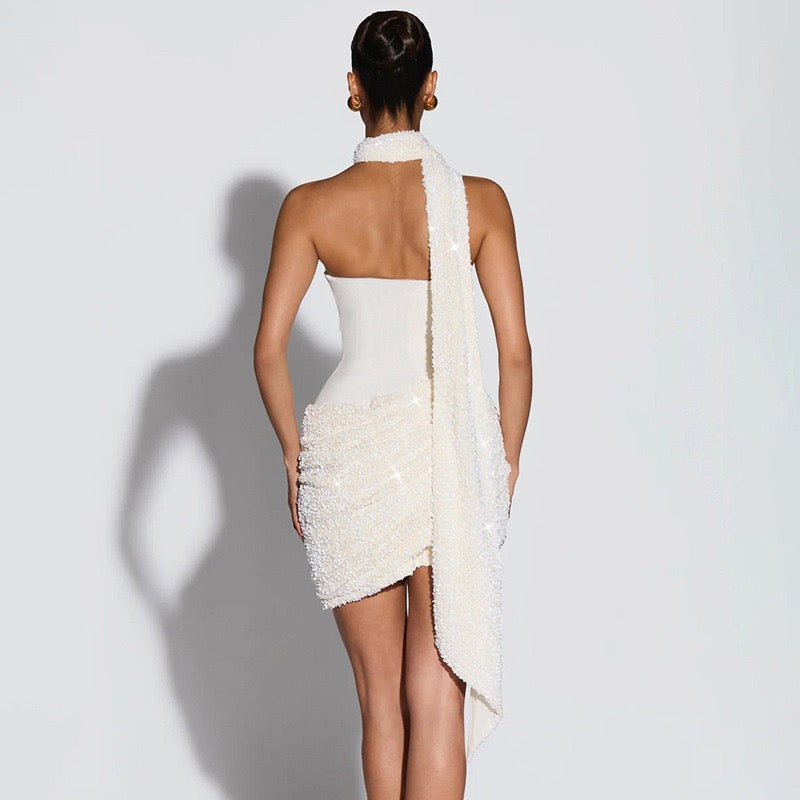 Sexy Sequin Pleated Strapless Mini Dress Women Chic  Scarf Collar Off Shoulder Waist Cinching Dresses Lady Evening Party Gown