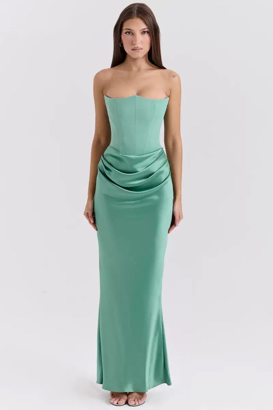 Women's Strapless Evening Dress Sexy Satin Pleated High Waist Skinny Party Dresses 2026 New Elegant Chic Design Sense Long Dress