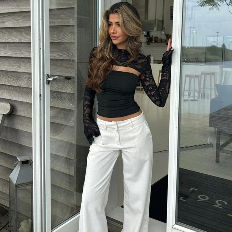 New Women's T-shirt Fashion Hollow Out Sexy Lace Flare Sleeve Slim Fit T-shirts Hot Girl Long Sleeve Tee Autumn Elegant Crop Top