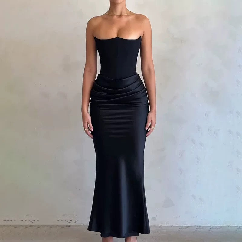 Women's Strapless Evening Dress Sexy Satin Pleated High Waist Skinny Party Dresses 2025 New Elegant Chic Design Sense Long Dress