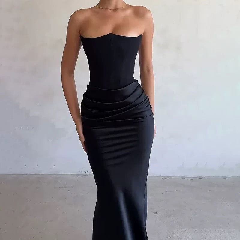 Women's Strapless Evening Dress Sexy Satin Pleated High Waist Skinny Party Dresses 2025 New Elegant Chic Design Sense Long Dress