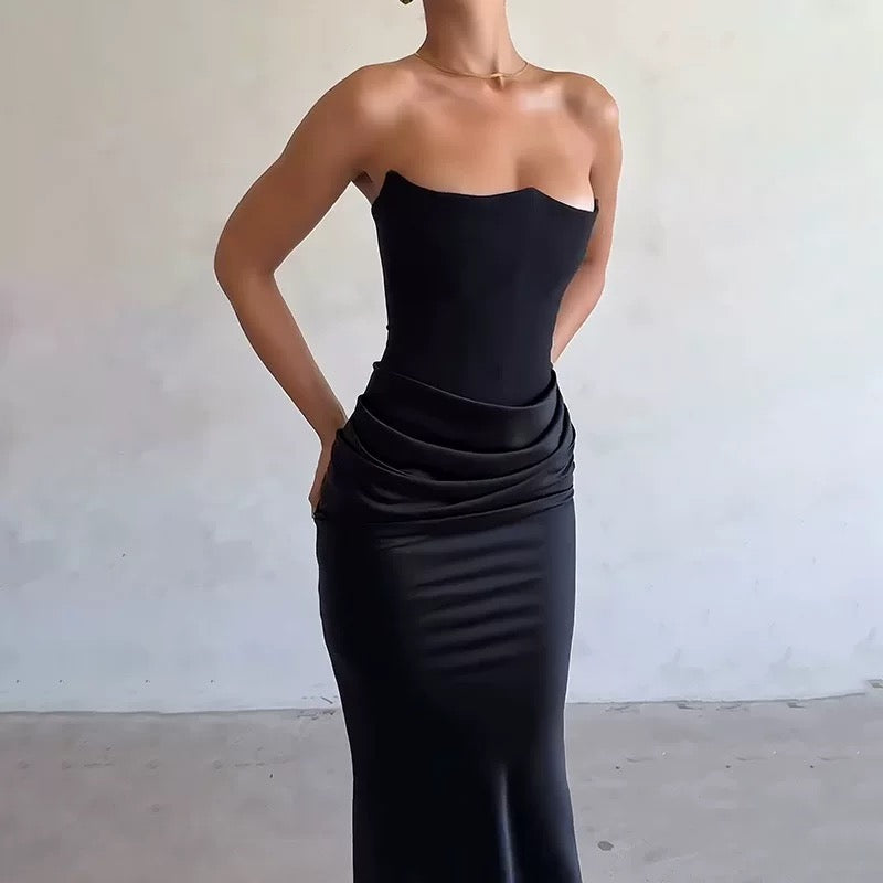 Women's Strapless Evening Dress Sexy Satin Pleated High Waist Skinny Party Dresses 2025 New Elegant Chic Design Sense Long Dress