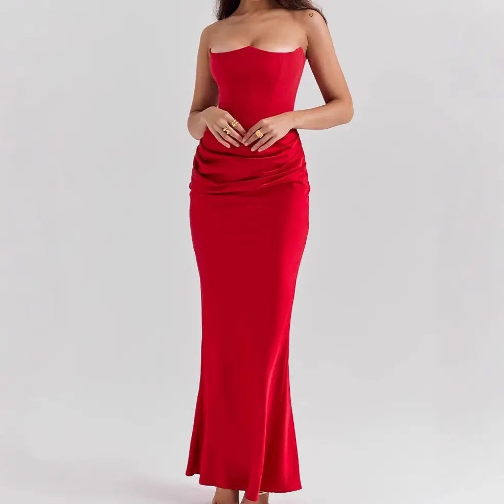 Women's Strapless Evening Dress Sexy Satin Pleated High Waist Skinny Party Dresses 2025 New Elegant Chic Design Sense Long Dress