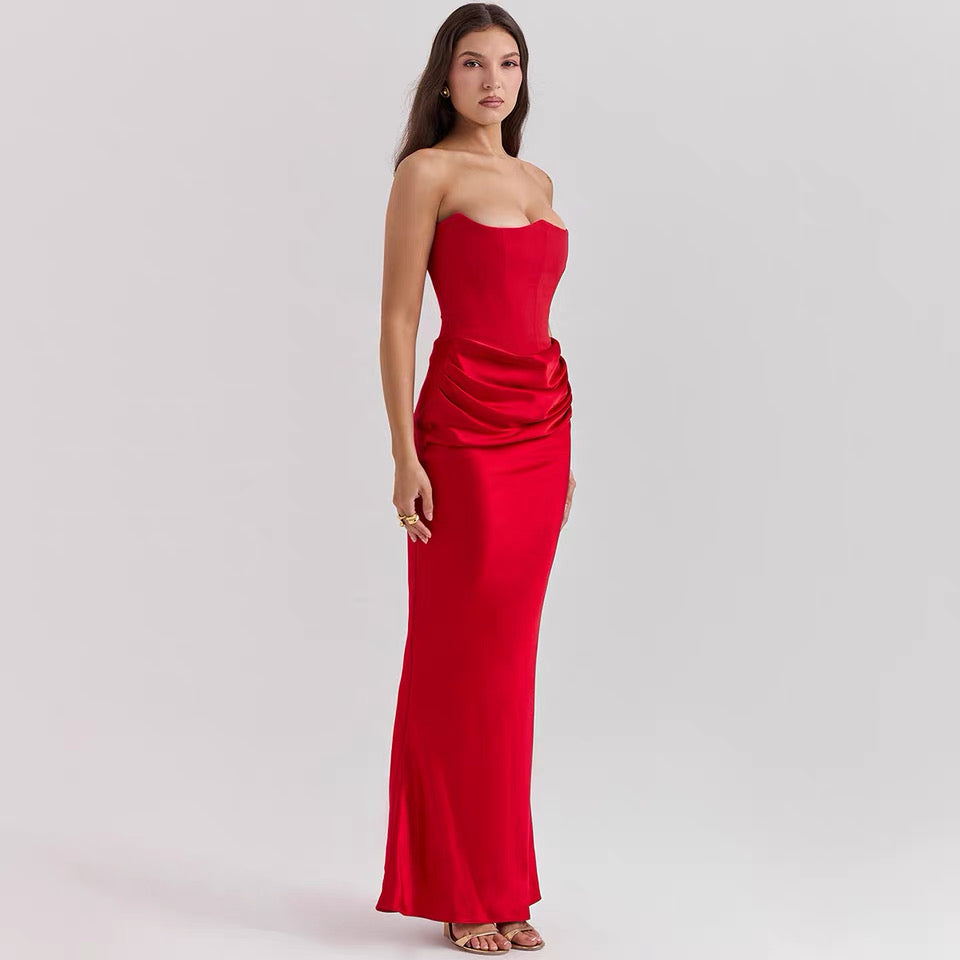 Women's Strapless Evening Dress Sexy Satin Pleated High Waist Skinny Party Dresses 2025 New Elegant Chic Design Sense Long Dress