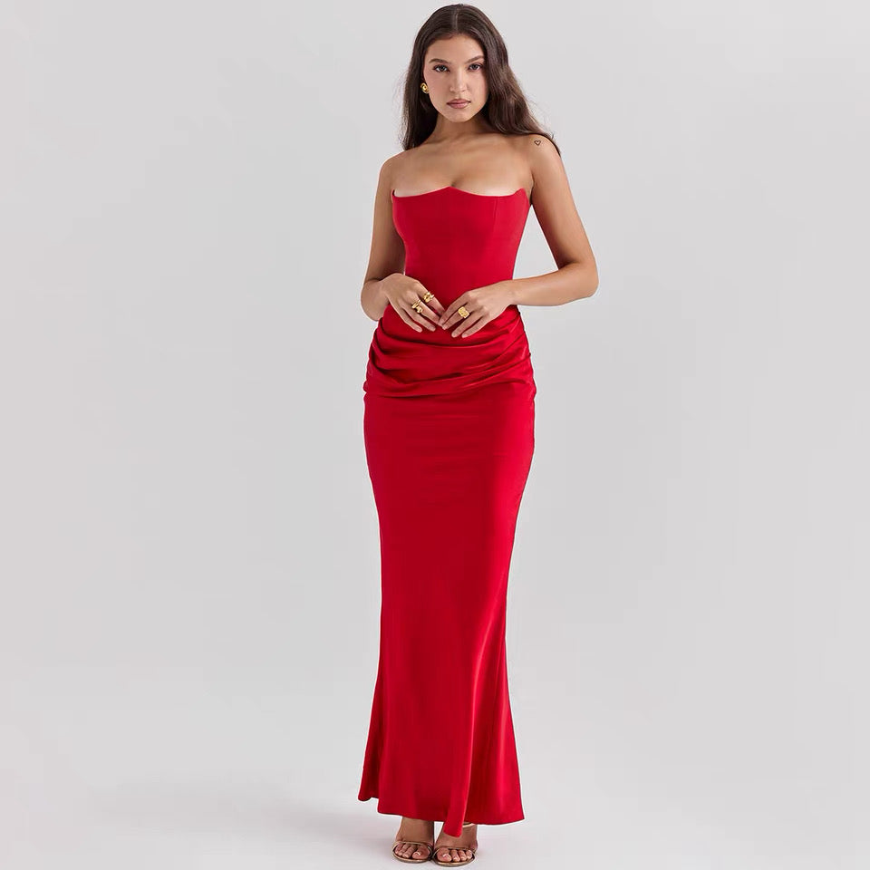 Women's Strapless Evening Dress Sexy Satin Pleated High Waist Skinny Party Dresses 2025 New Elegant Chic Design Sense Long Dress