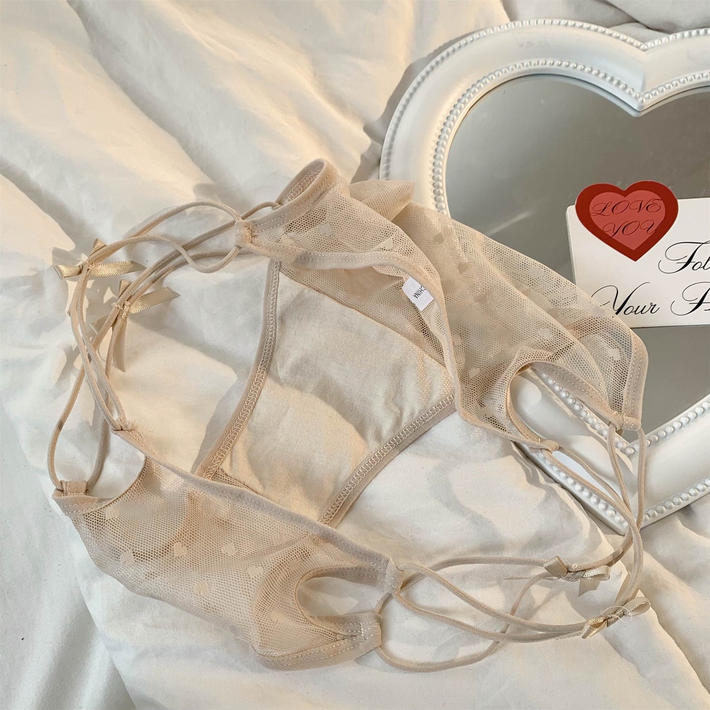 Sexy Love Mesh Transparent Panties Low Waist Triangle Pants With Thin Bow Knot Hollow Breathable Sexy Transparent Mesh Briefs