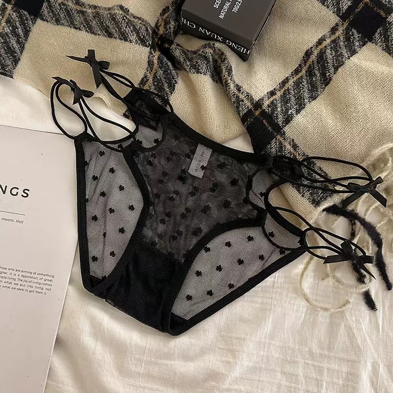 Sexy Love Mesh Transparent Panties Low Waist Triangle Pants With Thin Bow Knot Hollow Breathable Sexy Transparent Mesh Briefs