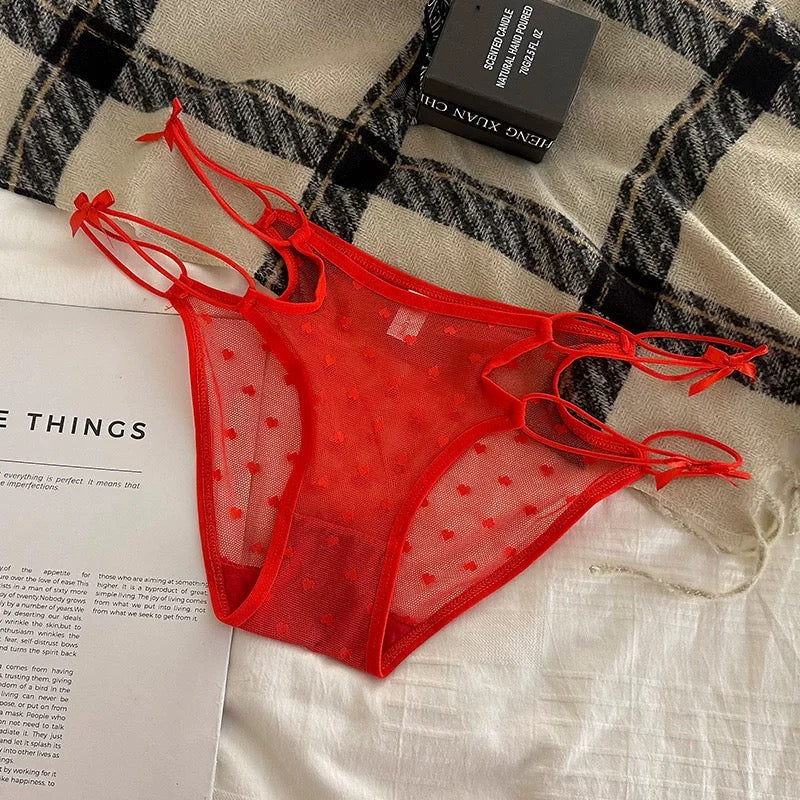 Sexy Love Mesh Transparent Panties Low Waist Triangle Pants With Thin Bow Knot Hollow Breathable Sexy Transparent Mesh Briefs