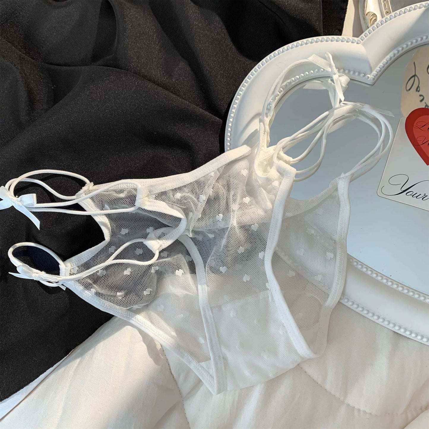 Sexy Love Mesh Transparent Panties Low Waist Triangle Pants With Thin Bow Knot Hollow Breathable Sexy Transparent Mesh Briefs