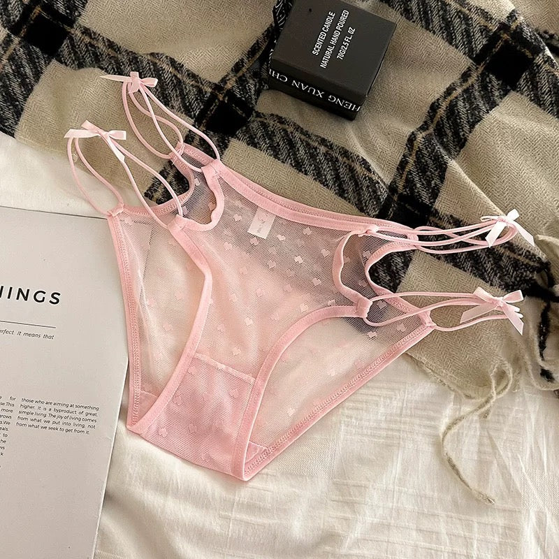 Sexy Love Mesh Transparent Panties Low Waist Triangle Pants With Thin Bow Knot Hollow Breathable Sexy Transparent Mesh Briefs