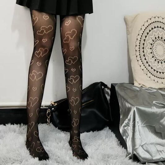 Net stockings for women, high-waisted Heart patterned net tights, thigh-high stockings.