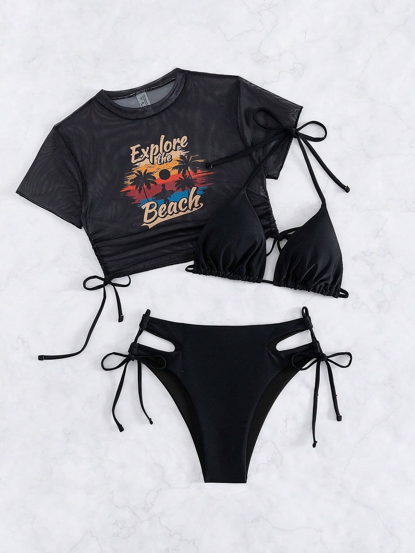 Summer 2026 Women's 3 Pieces Swimsuit Sexy Halter Lace-up Micro Bikini Set with Crop Top Cover Up Swimwear Bathing Suit Biquinis