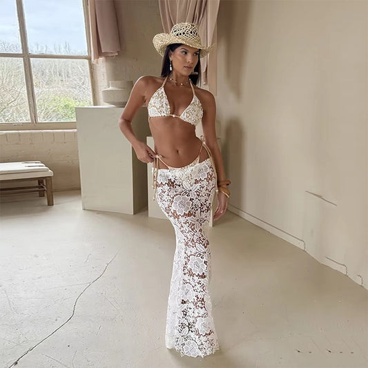 Sexy White Lace 3 Pieces Bikini 2025 Women Swimsuit Swimwear Long Sarong Cover Up Bikini Set Beachwear Bathing Suit Swimming