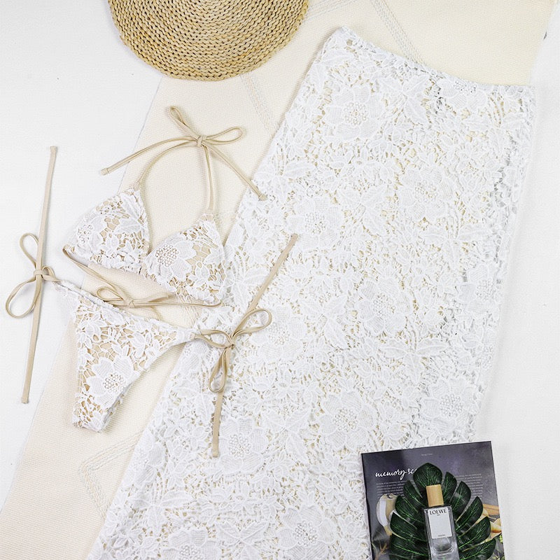 Sexy White Lace 3 Pieces Bikini 2025 Women Swimsuit Swimwear Long Sarong Cover Up Bikini Set Beachwear Bathing Suit Swimming