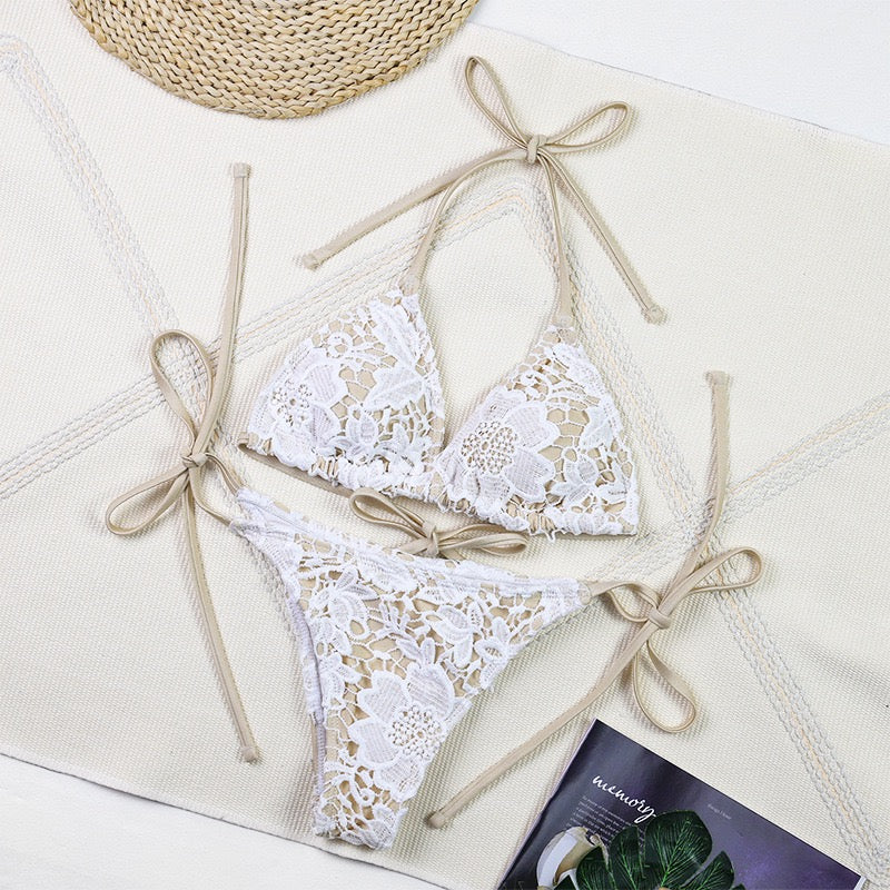 Sexy White Lace 3 Pieces Bikini 2025 Women Swimsuit Swimwear Long Sarong Cover Up Bikini Set Beachwear Bathing Suit Swimming