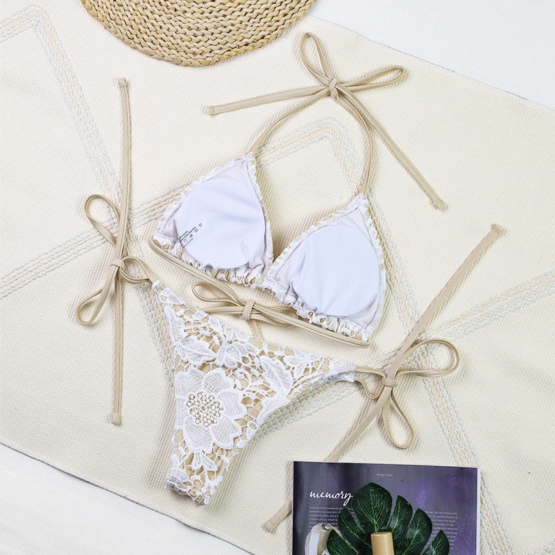 Sexy White Lace 3 Pieces Bikini 2025 Women Swimsuit Swimwear Long Sarong Cover Up Bikini Set Beachwear Bathing Suit Swimming