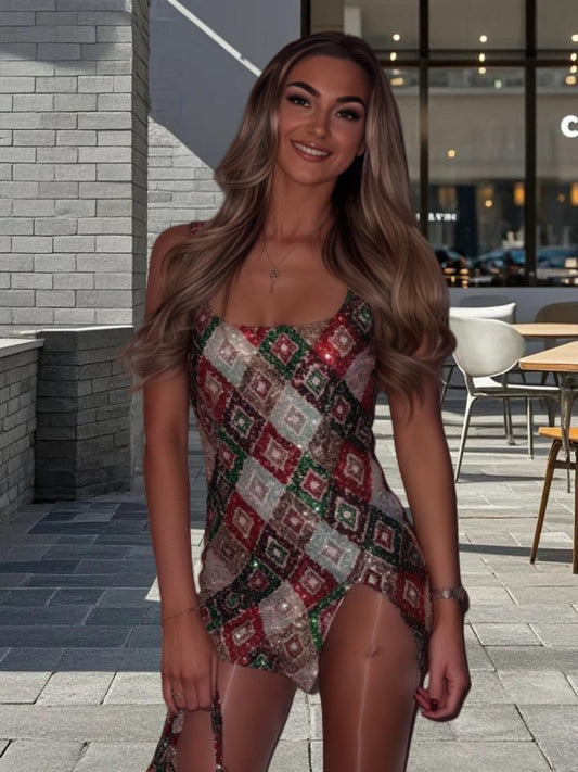 Colorful Diamond Pattern Sequin Slit Sexy Dress Women 2026 Elegant Party Dress Backless Mini Summer Dress Vestidos