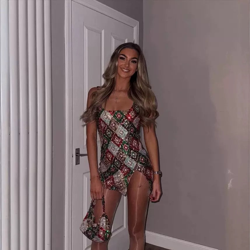 Colorful Diamond Pattern Sequin Slit Sexy Dress Women 2026 Elegant Party Dress Backless Mini Summer Dress Vestidos collection