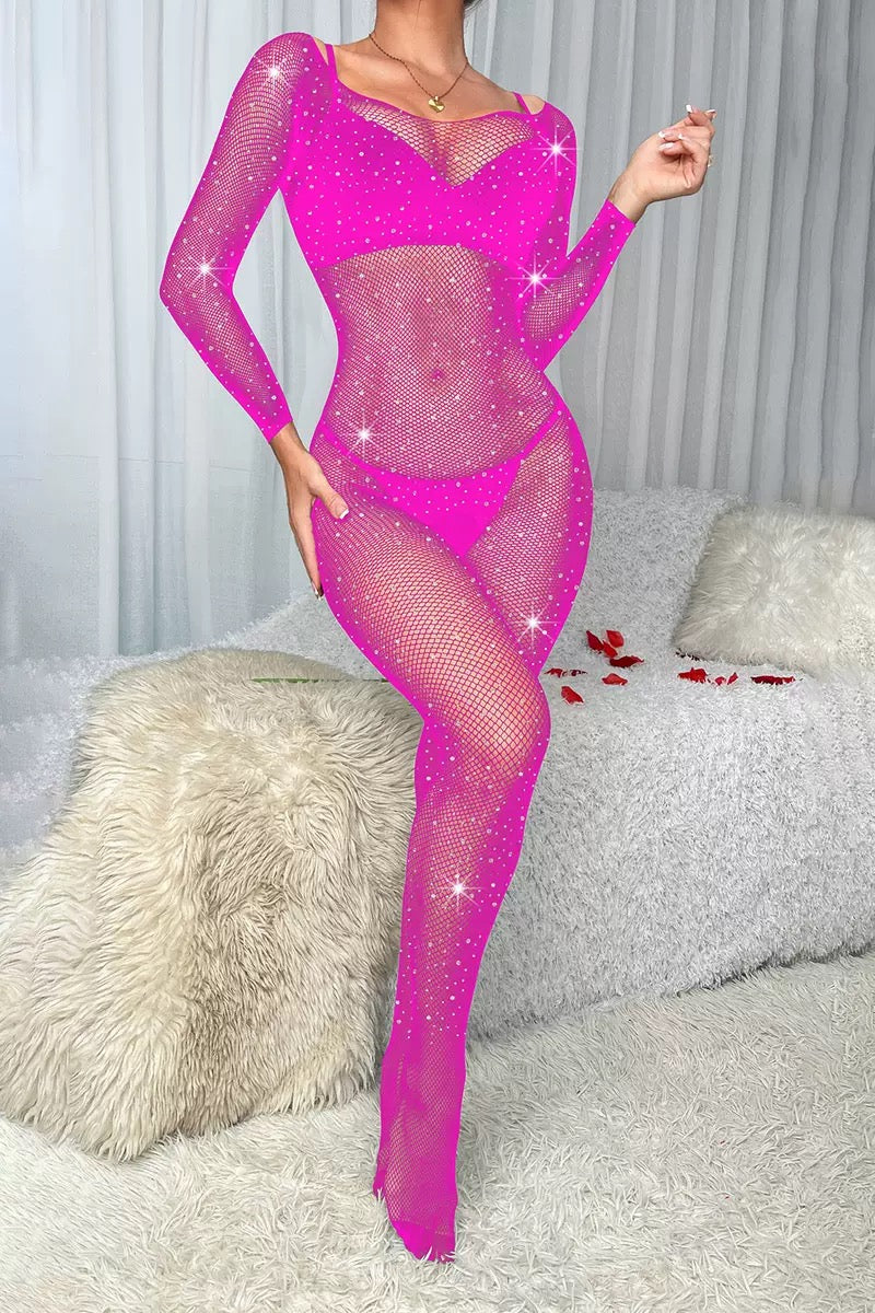 Sparkly Bodysuit Body Stockings Women's Fishnet See-through Tops Summer Hollow Long Sleeve Tights 2025 Sexy Costumes