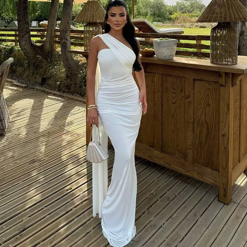 Elegant Women's Party WHITE Dress 2025 Summer Solid Color Hanging Neck Bareback Strap Split Style Skinny Dress Fishtail Bodycon Dress