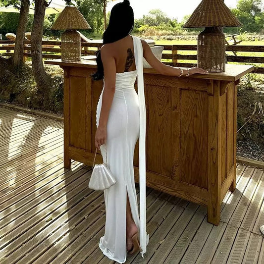 Elegant Women's Party WHITE Dress 2025 Summer Solid Color Hanging Neck Bareback Strap Split Style Skinny Dress Fishtail Bodycon Dress