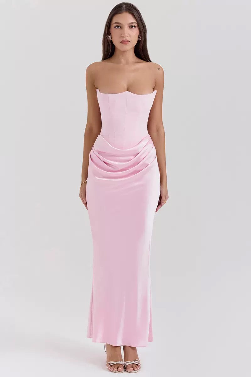 Women's Strapless Evening Dress Sexy Satin Pleated High Waist Skinny Party Dresses 2025 New Elegant Chic Design Sense Long Dress