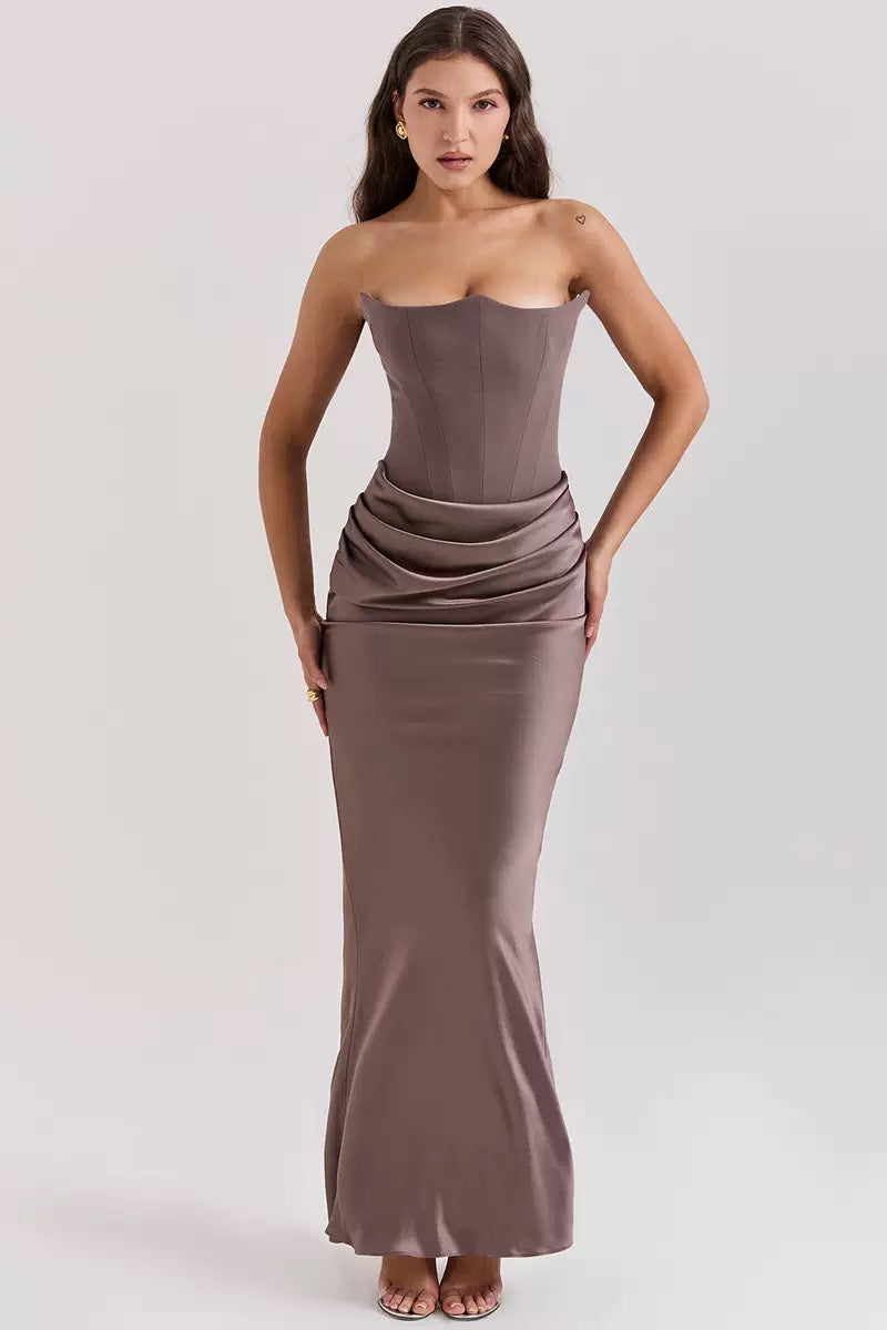 Women's Strapless Evening Dress Sexy Satin Pleated High Waist Skinny Party Dresses 2025 New Elegant Chic Design Sense Long Dress