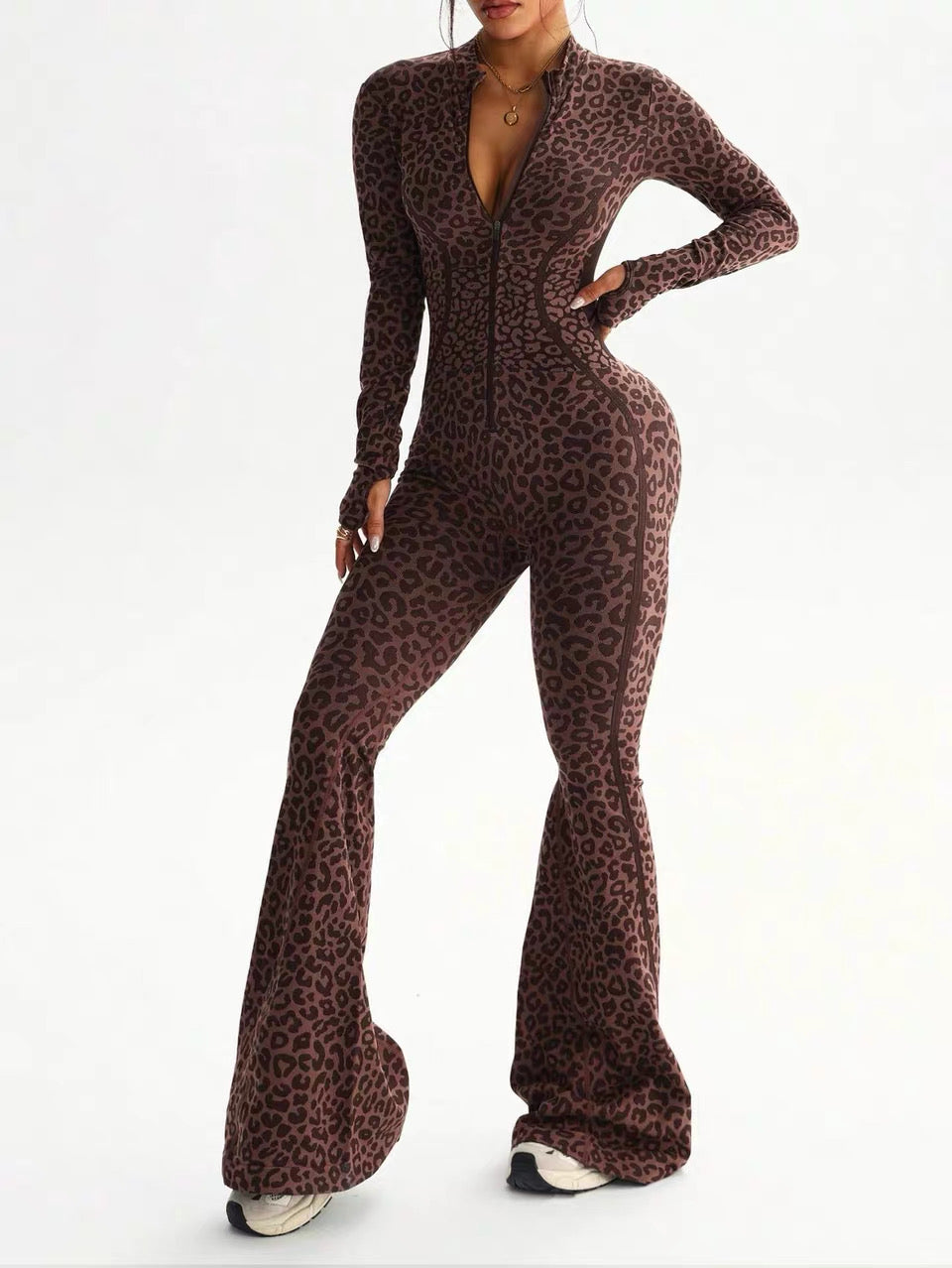 Women Seamless Jumpsuits Long Sleeve One Piece Yoga Overalls Backless Leopard Fitness Gym Bodysuits Flare Pants Sports Tracksuit