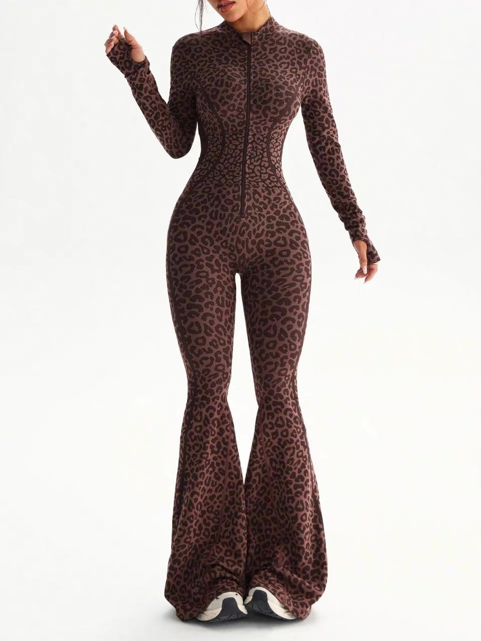 Women Seamless Jumpsuits Long Sleeve One Piece Yoga Overalls Backless Leopard Fitness Gym Bodysuits Flare Pants Sports Tracksuit